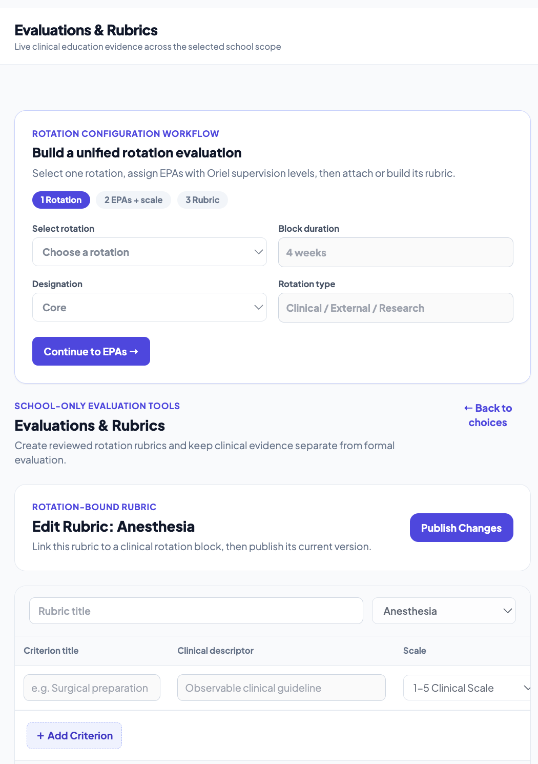 Evaluations and Rubrics dashboard